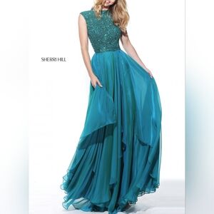 16 (fits 14ish) Sherri Hill 50807 Teal Iridescent Chiffon Cap-Sleeve Gown Dress